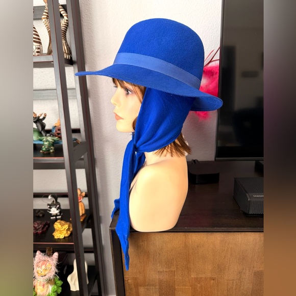 Vintage Blue Wool Fedora Hat with Scarf - Picture 3 of 9